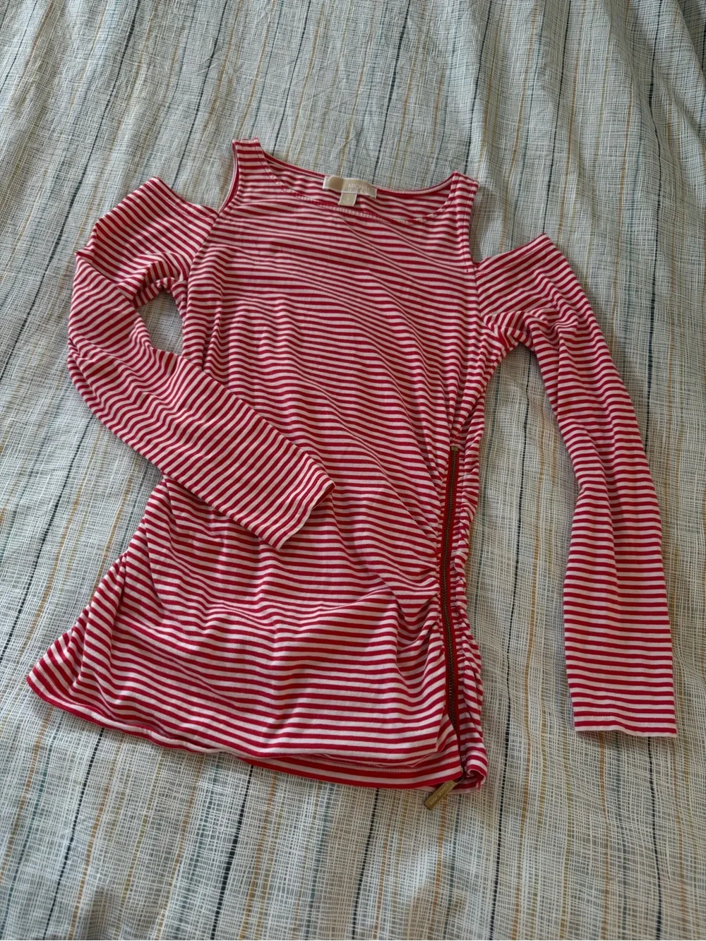 Michael Kors Red and White Striped Cold-Shoulder Long Sleeve Top